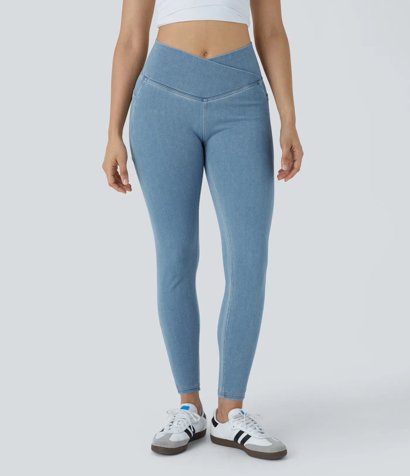 Legging Travail Denim Tricoté Extensible Lavé Poche Latérale Croisée