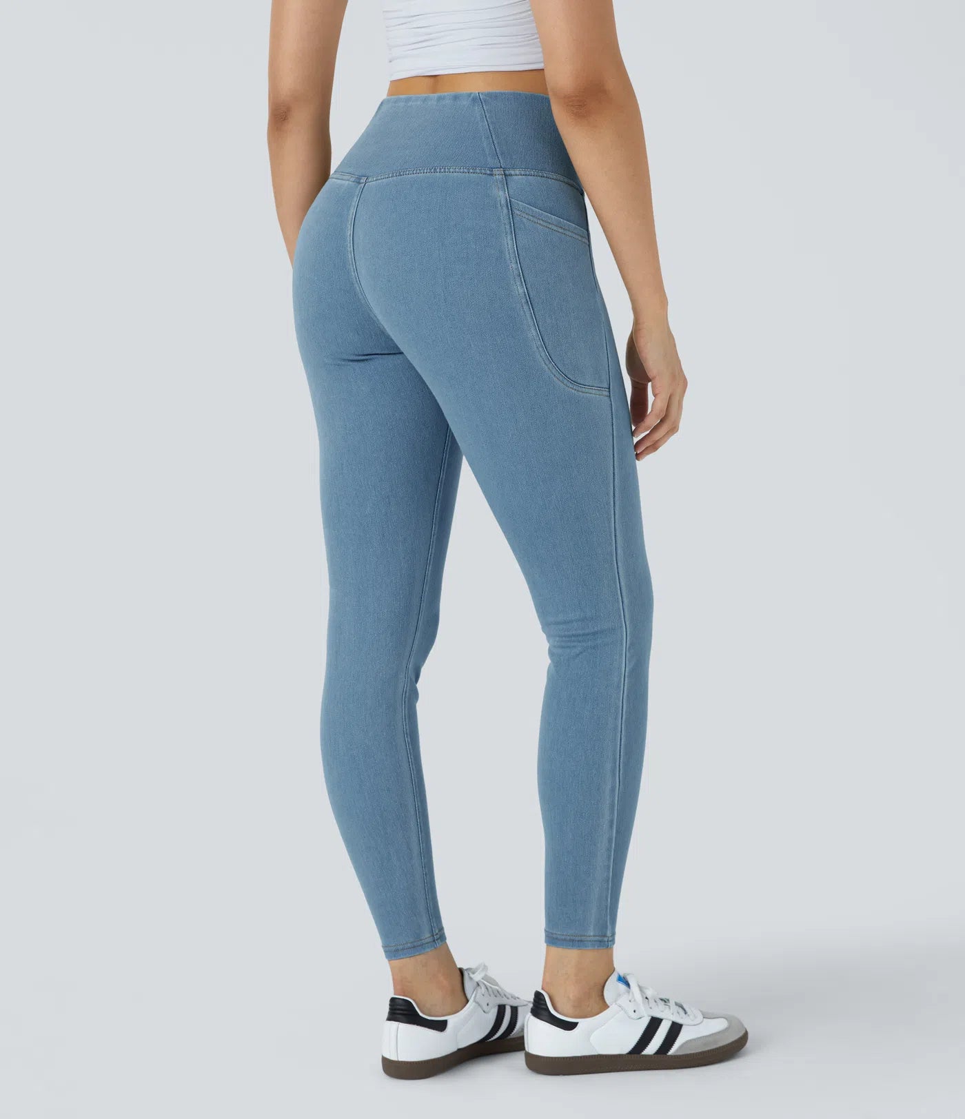 Legging Travail Denim Tricoté Extensible Lavé Poche Latérale Croisée