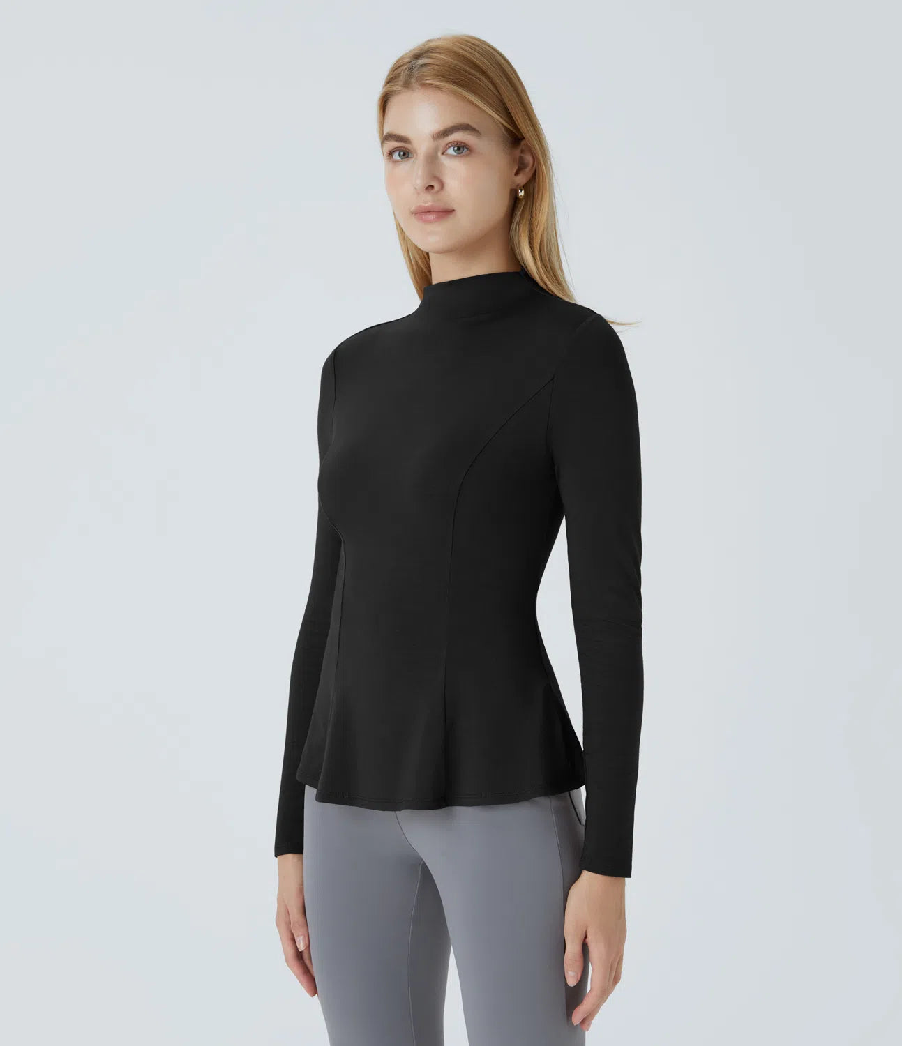 T-shirt de Travail Funnel Neck Manches Longues Silhouette Élancée Peplum