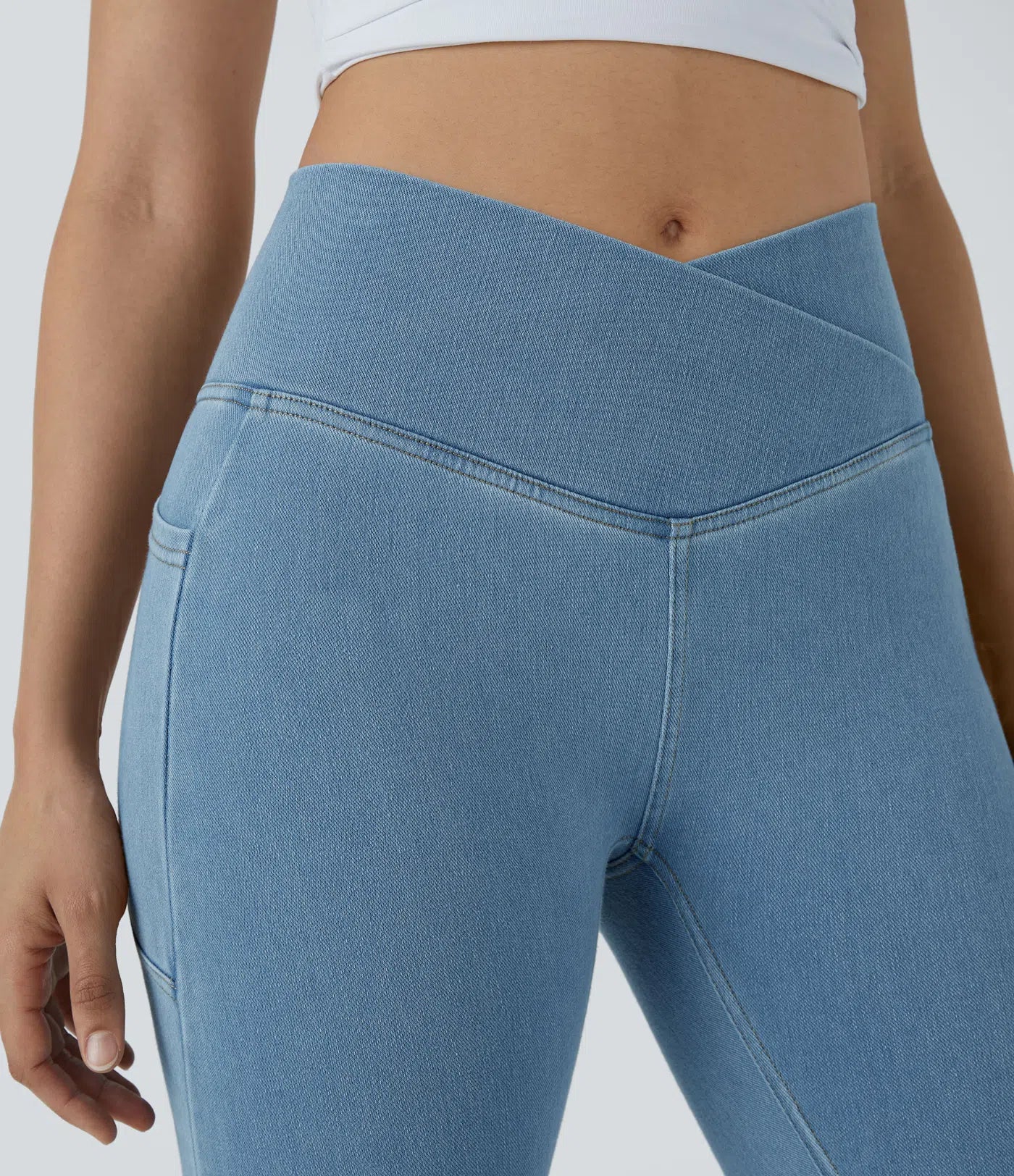 Legging Travail Denim Tricoté Extensible Lavé Poche Latérale Croisée