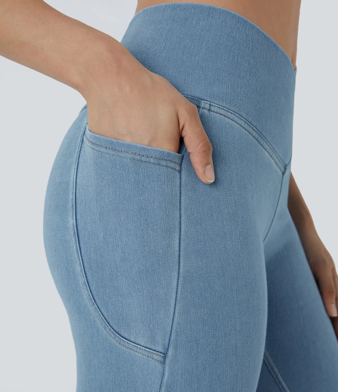 Legging Travail Denim Tricoté Extensible Lavé Poche Latérale Croisée