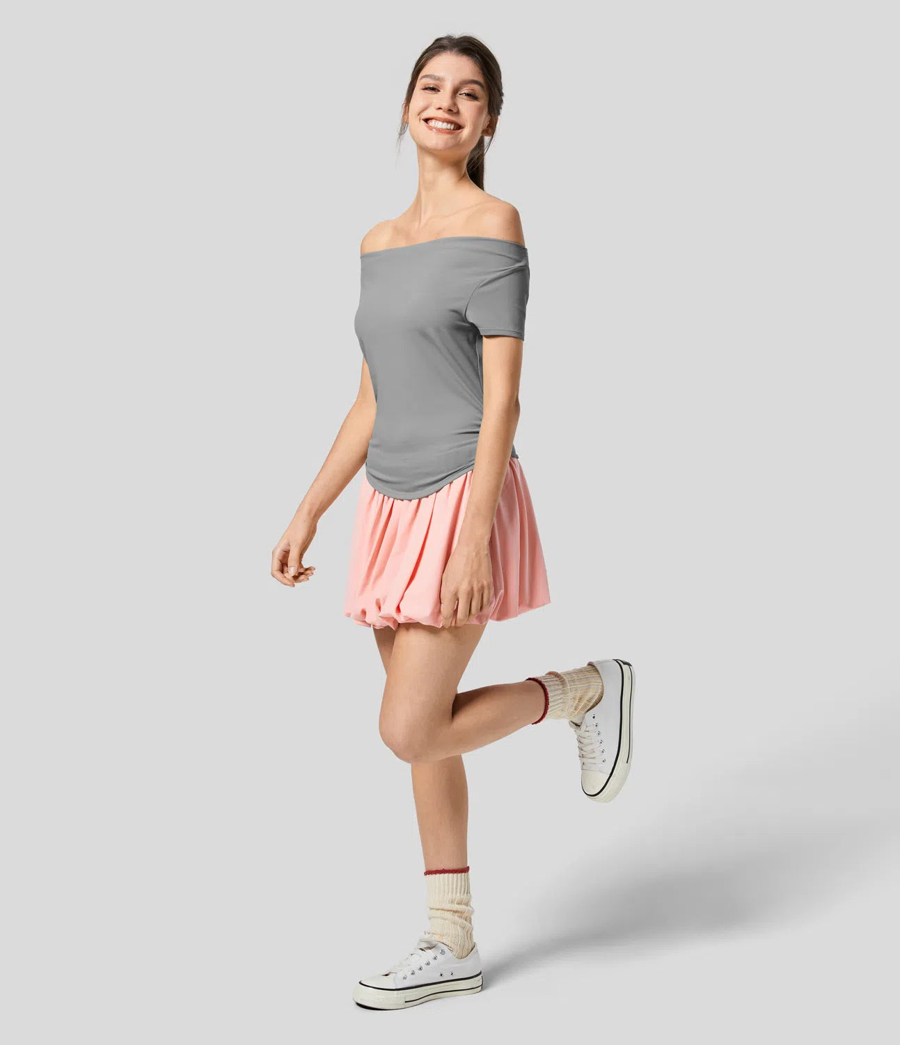 T-shirt Casual Skinny à Épaules Dénudées avec Ruches Latérales et Ourlet Courbé