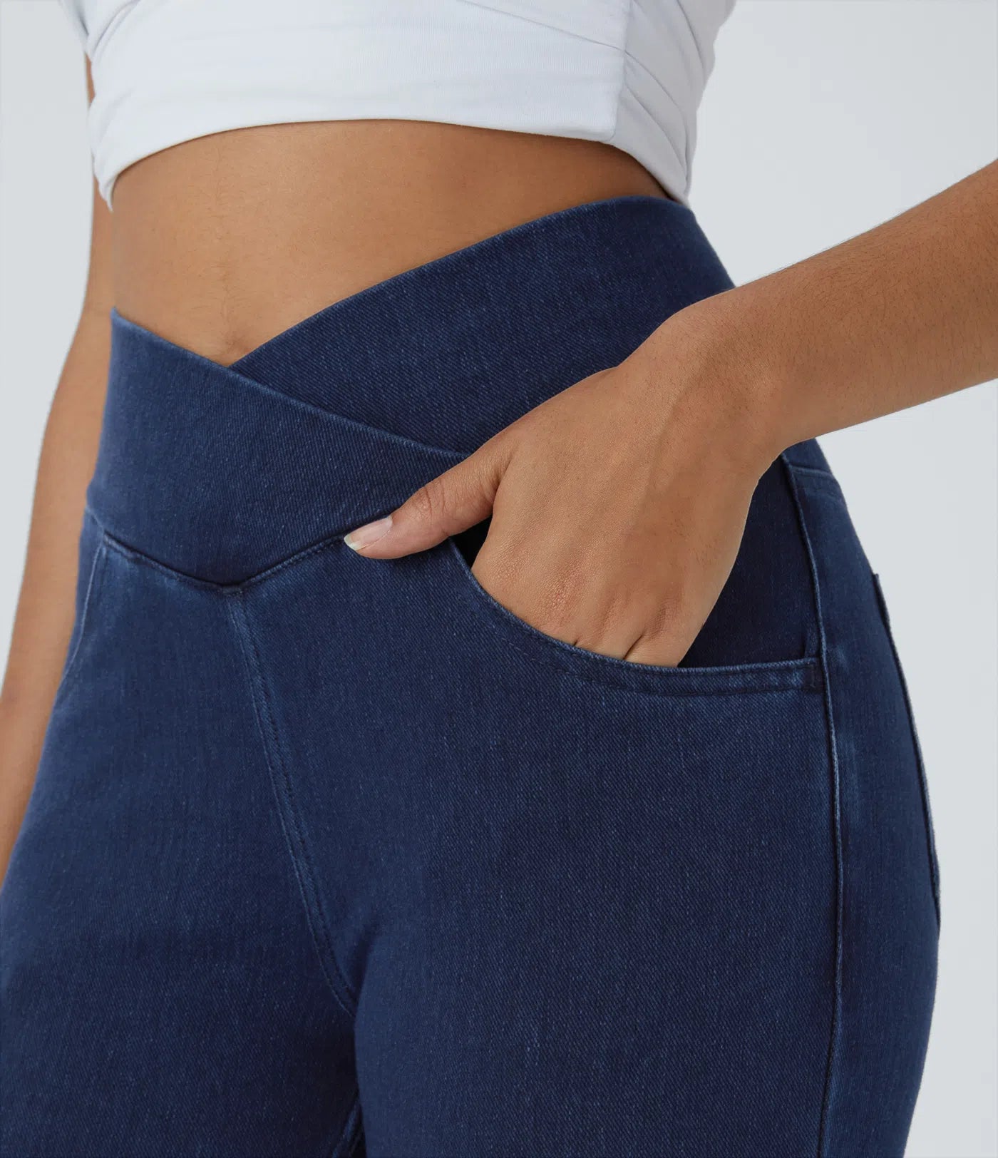 Legging Travail Taille Haute Croisé Poches Multiples Tricot Extensible Denim