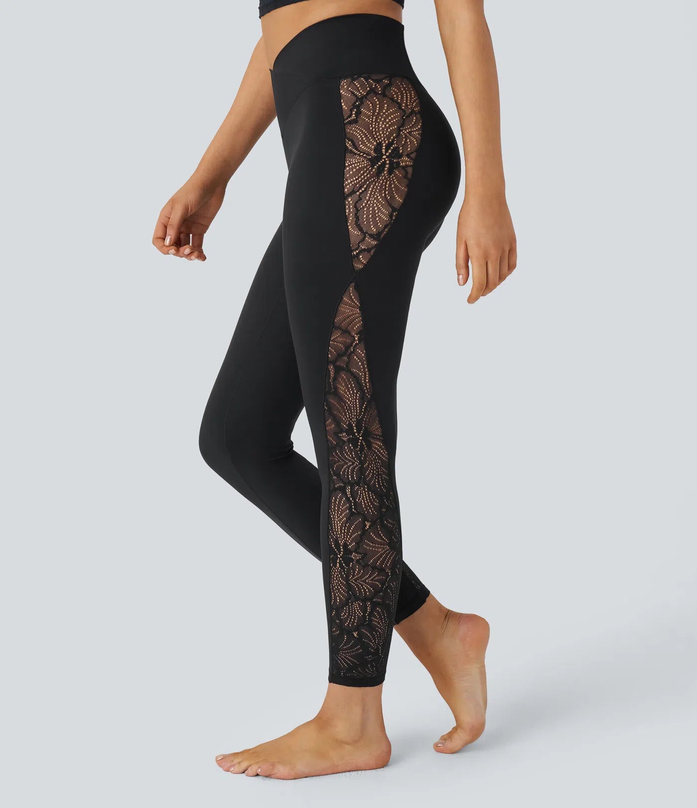 Legging Yoga 7/8 Taille Haute avec Découpe Croisée et Dentelle Contrastante