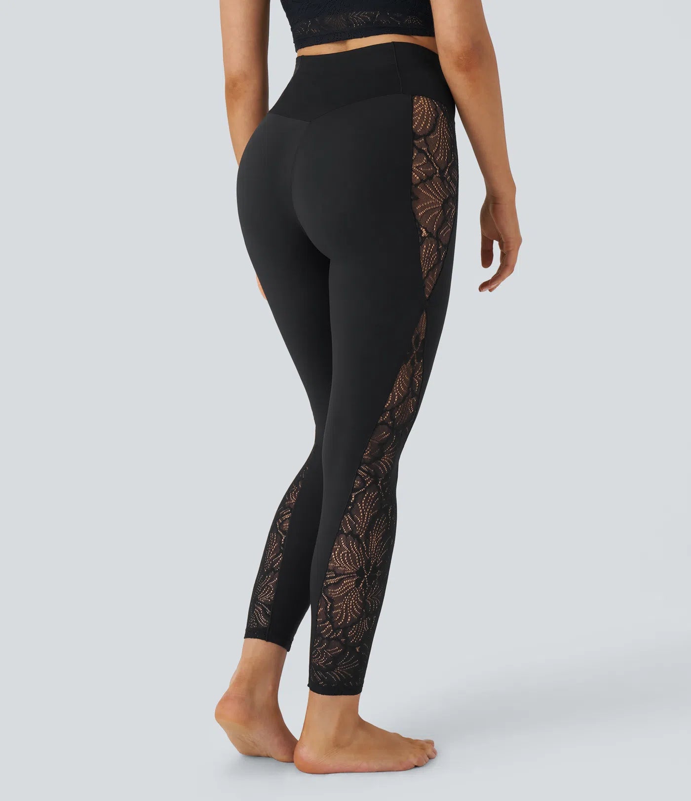 Legging Yoga 7/8 Taille Haute avec Découpe Croisée et Dentelle Contrastante