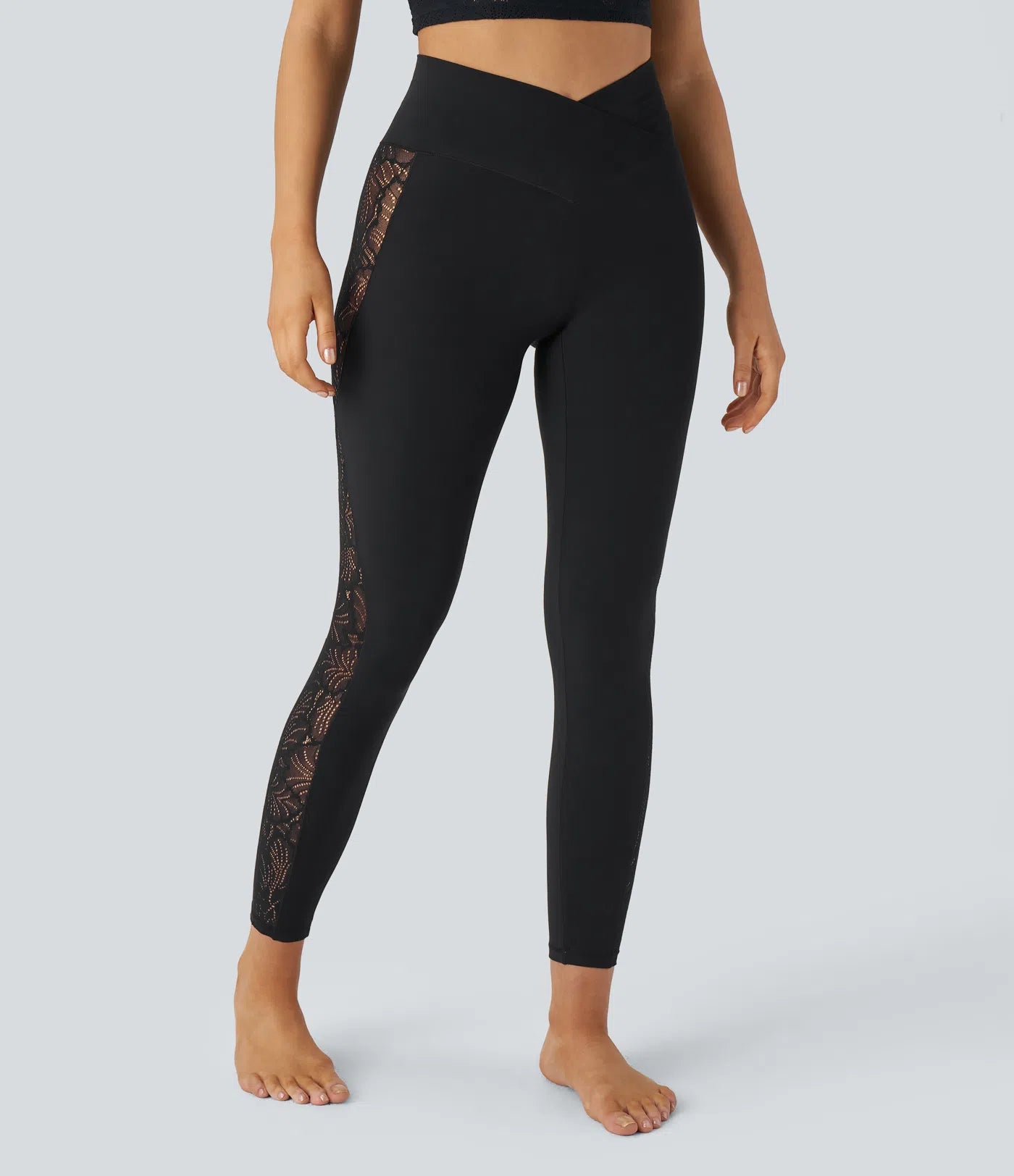 Legging Yoga 7/8 Taille Haute avec Découpe Croisée et Dentelle Contrastante