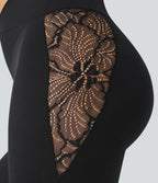 7/8 High Waisted Yoga Leggings with Crisscross Cutout and Contrast Lace