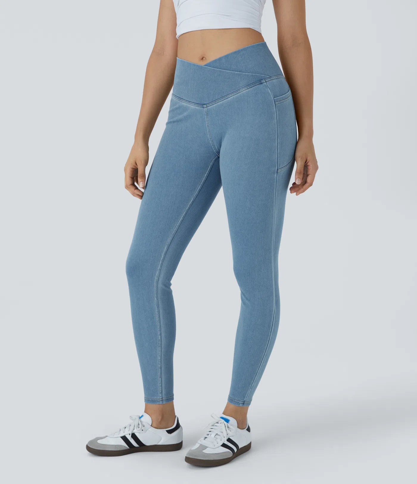 Legging Travail Denim Tricoté Extensible Lavé Poche Latérale Croisée