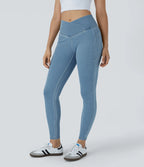 Washed Stretch Knitted Denim Work Leggings Cross Side Pocket