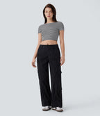 Fitted Boat Neck Crop T-Shirt with Stripes and Waffle Fabric