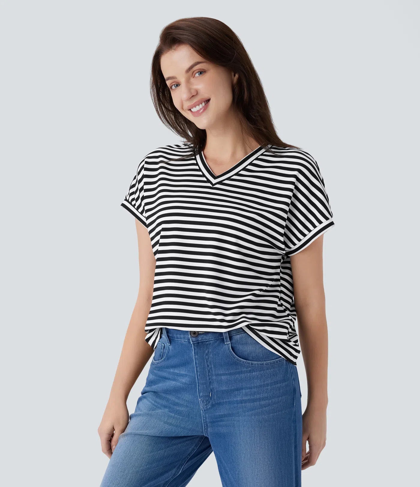 T-shirt de travail rayé col V coupe décontractée
