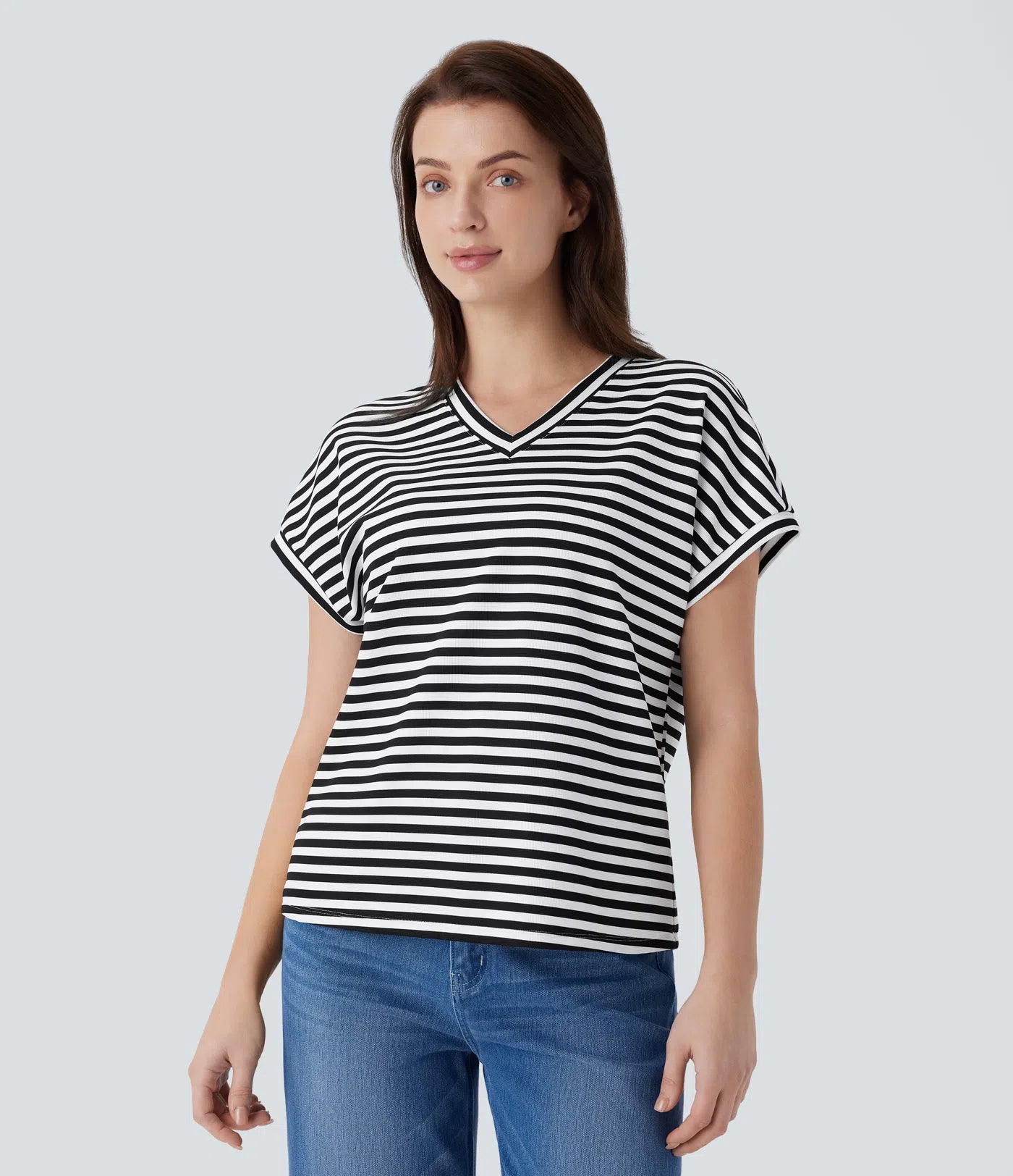 T-shirt de travail rayé col V coupe décontractée