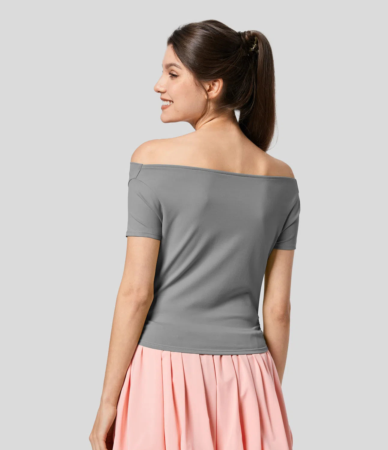 T-shirt Casual Skinny à Épaules Dénudées avec Ruches Latérales et Ourlet Courbé