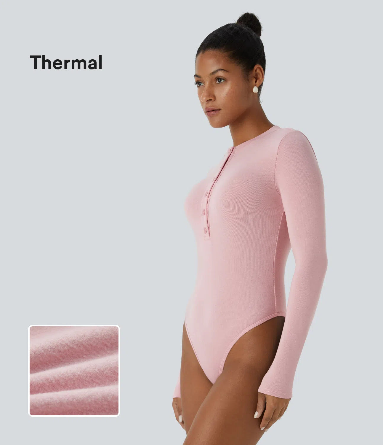Body thermique de travail ajusté avec col rond, boutons et manches longues
