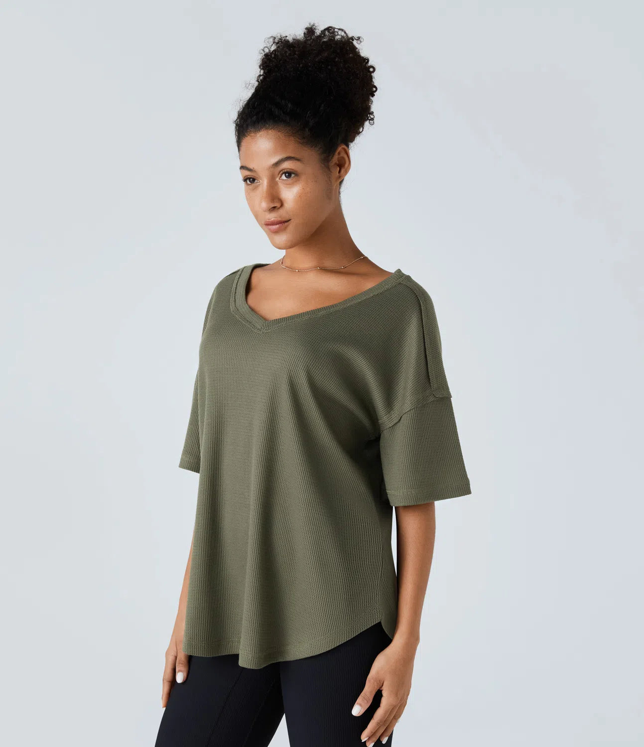 T-shirt Casual en Maille Gaufrée à Ourlet Courbé Épaules Basses et Encolure en V