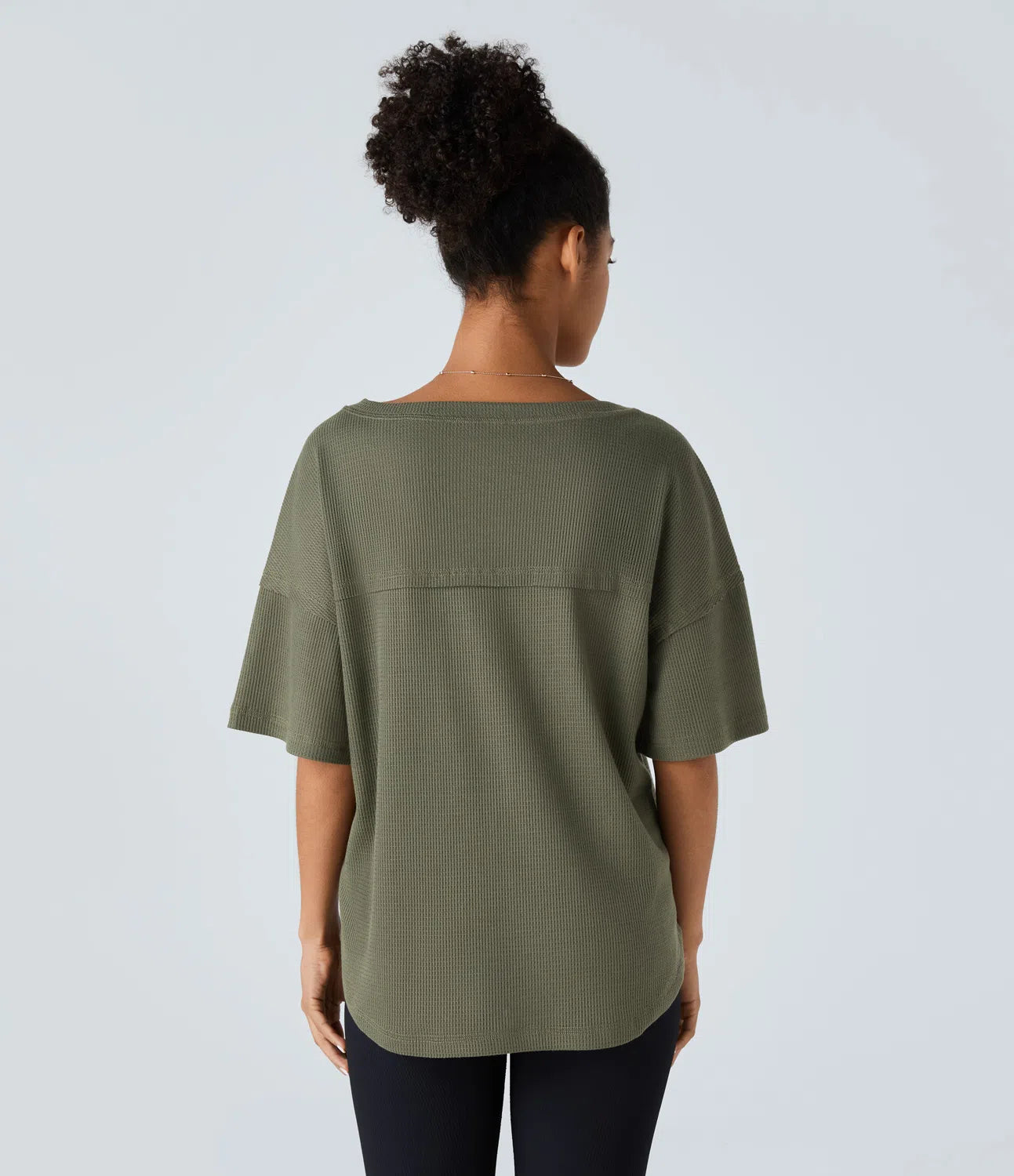 T-shirt Casual en Maille Gaufrée à Ourlet Courbé Épaules Basses et Encolure en V