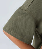 Casual Waffle Knit T-shirt with Curved Hem, Dropped Shoulders and V-Neckline