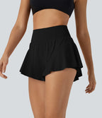 SoCinched 2-in-1 High Waisted Tummy Control Yoga Shorts with Back Pockets and Ruffle Hem