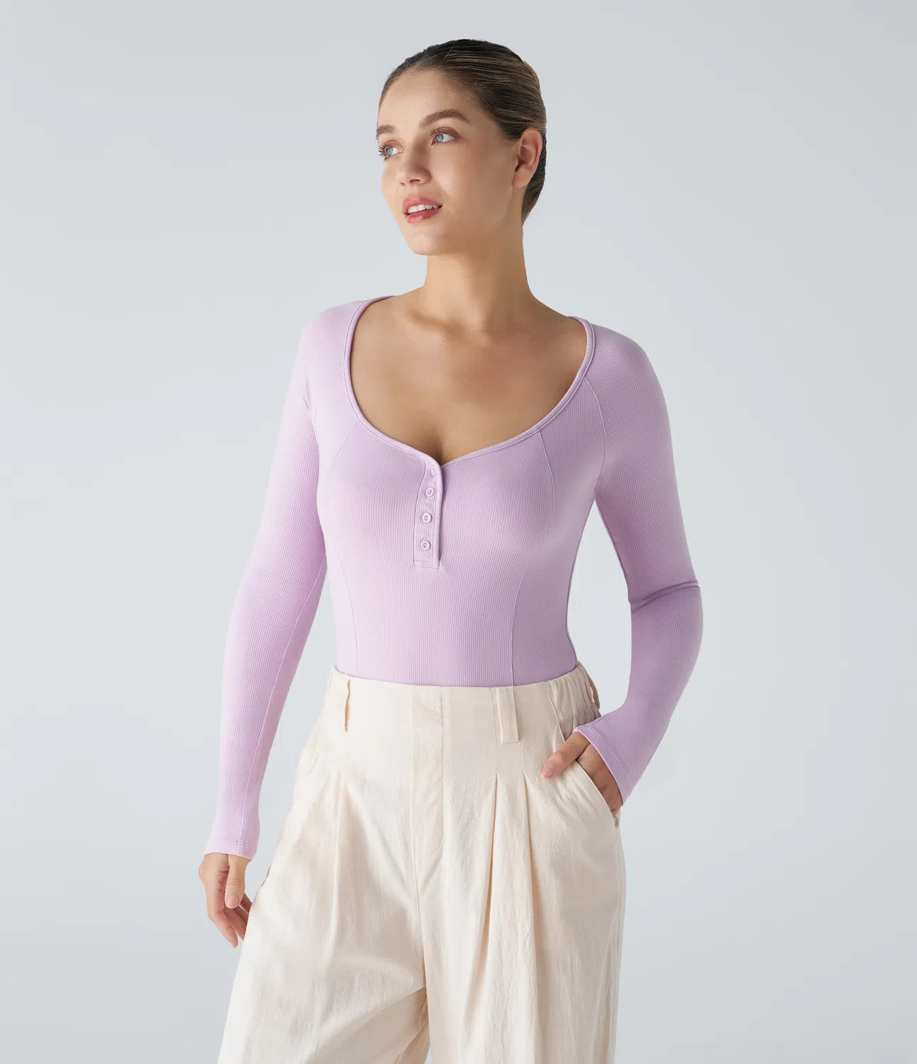 Body Casual en Tricot Côtelé à Encolure Henley Boutons et Manches Longues