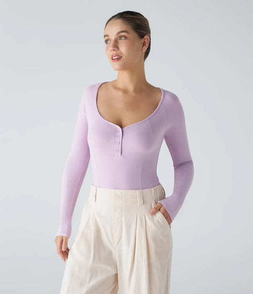 Casual Ribbed Knit Bodysuit with Henley Neckline, Buttons and Long Sleeves