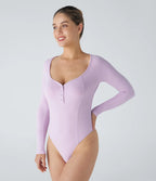 Casual Ribbed Knit Bodysuit with Henley Neckline, Buttons and Long Sleeves