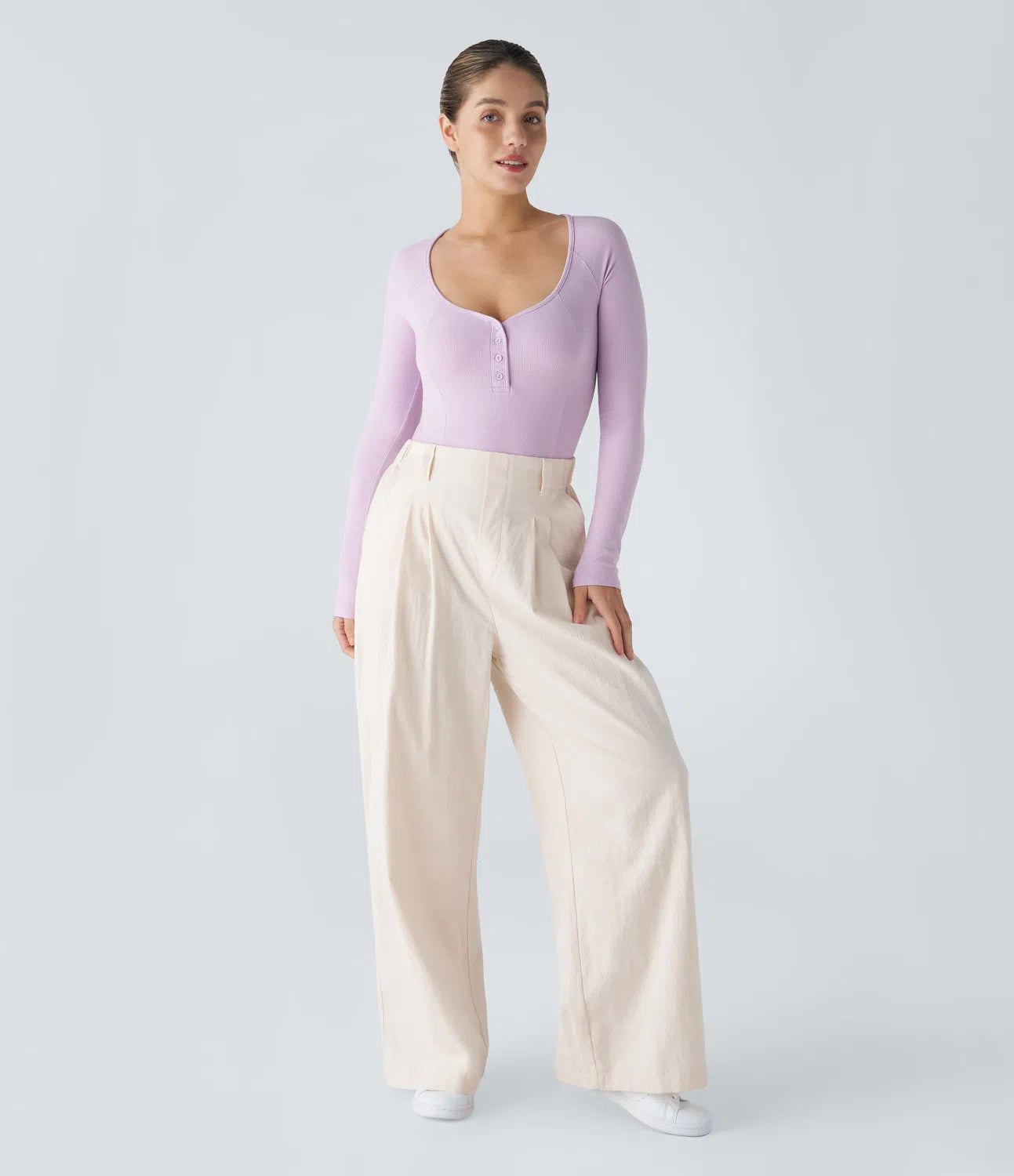 Body Casual en Tricot Côtelé à Encolure Henley Boutons et Manches Longues