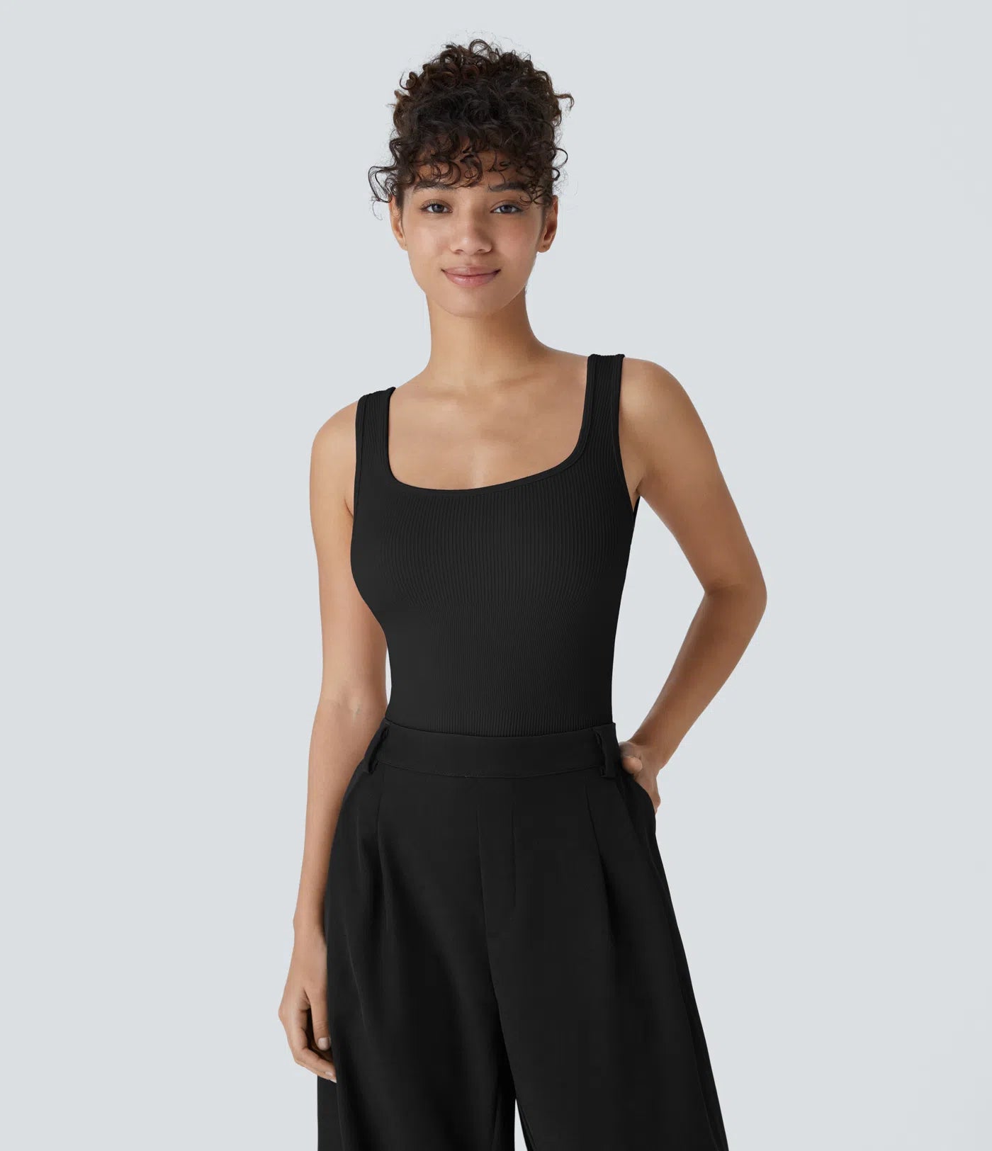 Softlyzero™ Plush Bodysuit in soft fabric with square neckline, sleeveless, with snaps and skinny fit for yoga