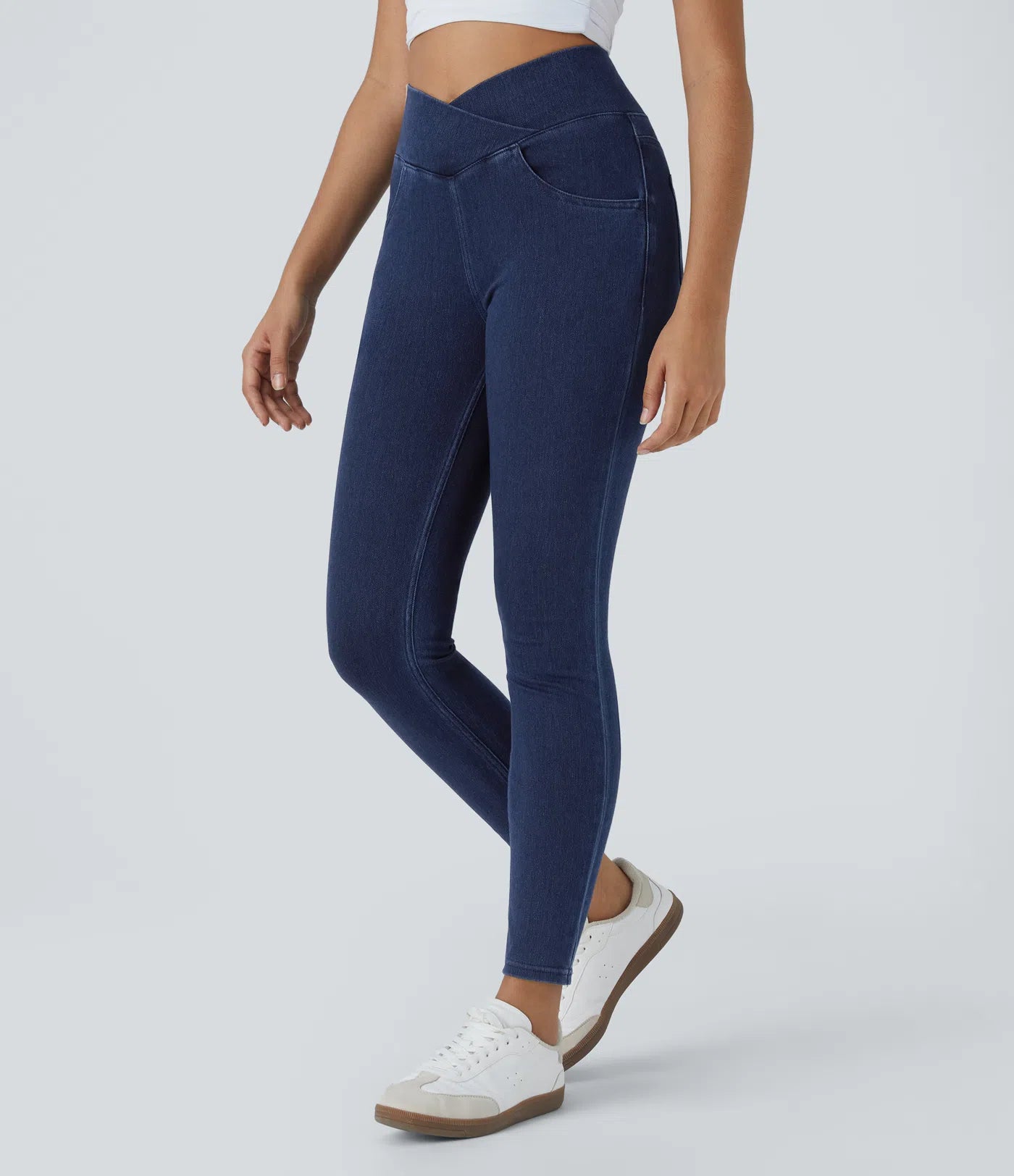 Legging Travail Taille Haute Croisé Poches Multiples Tricot Extensible Denim