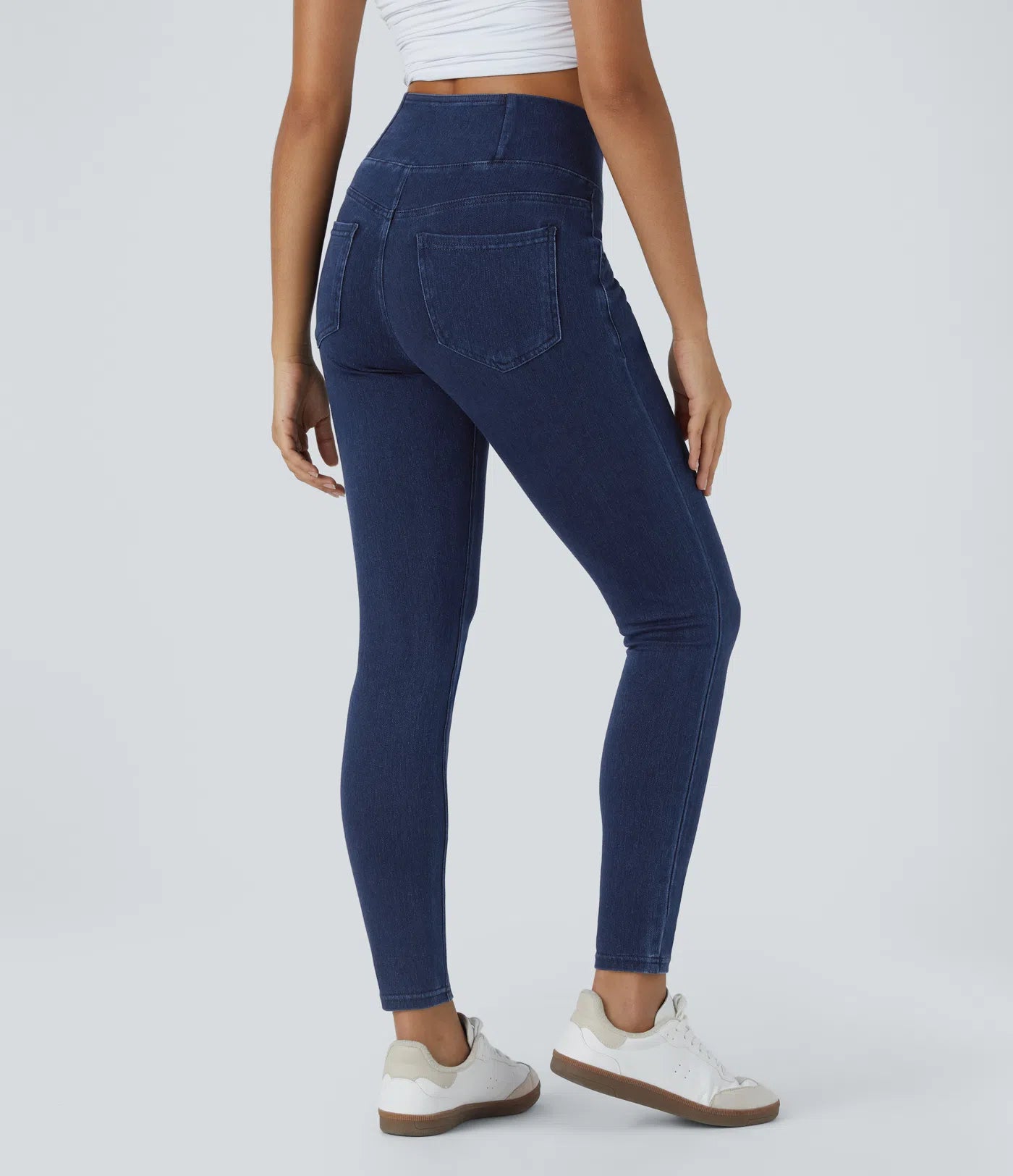 Legging Travail Taille Haute Croisé Poches Multiples Tricot Extensible Denim