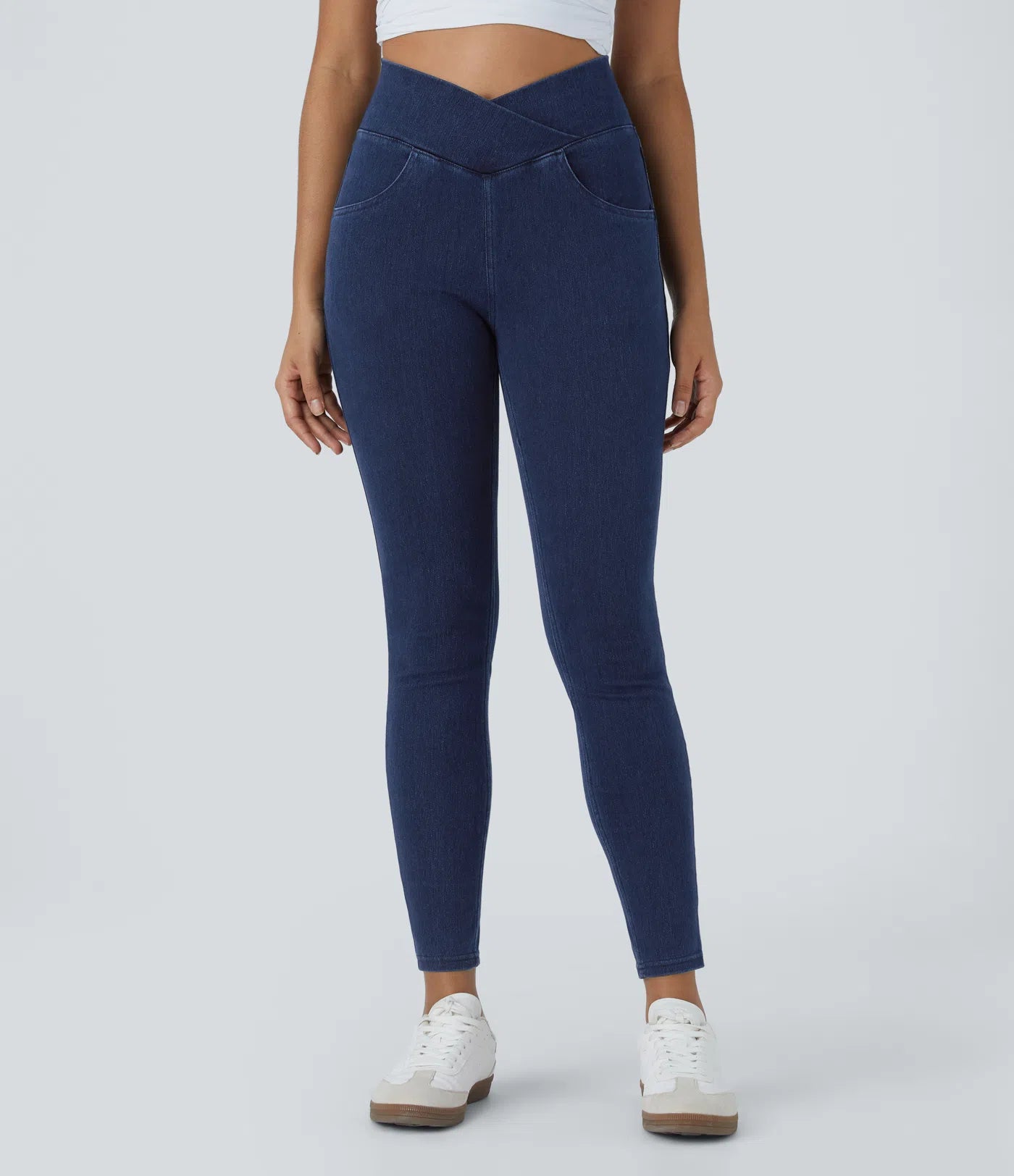 Legging Travail Taille Haute Croisé Poches Multiples Tricot Extensible Denim