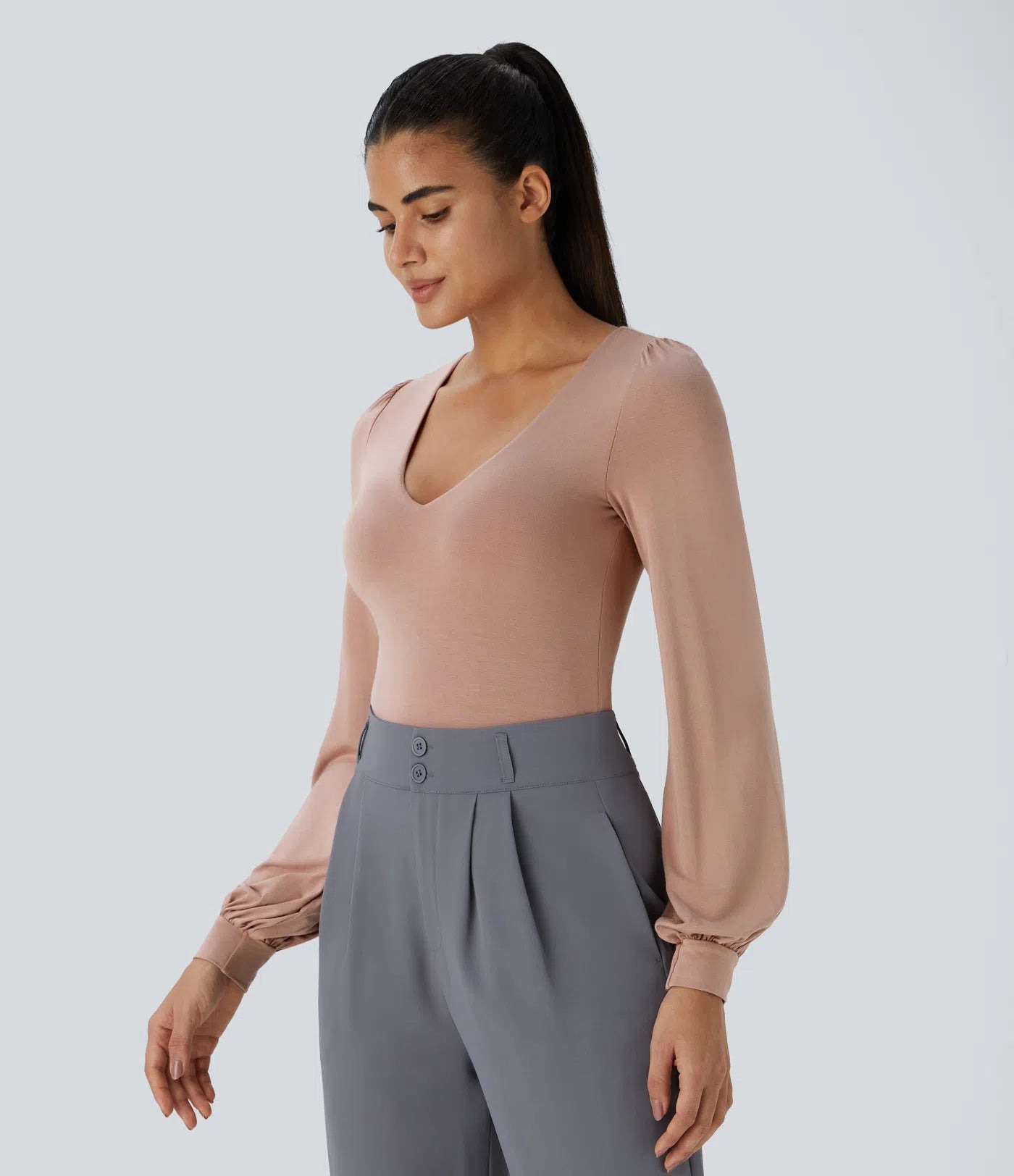 Body Work Button V-Neck Long Sleeves